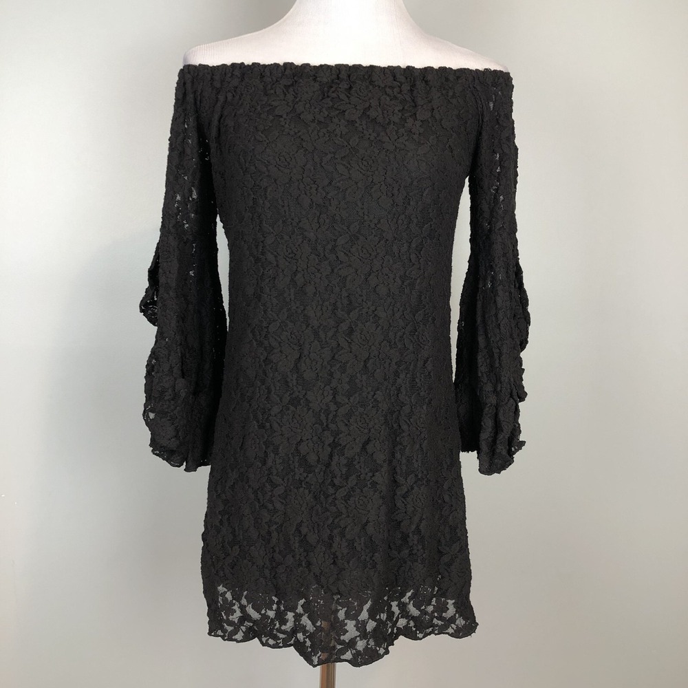 Black Lace Dress Womens Size Small Whimsigoth Bell Sleeves Off Shoulder NWT